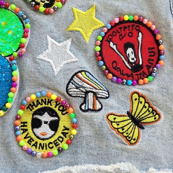 EUC fun rare La Ros women's Emoji smile butterfly love star jean skirt, M - Picture 5 of 10